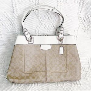 Coach Carryall Tan White Light Blue Signature C Kisslock Top Handle Purse